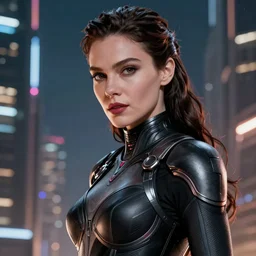 VFX movie closeup of a gorgeous futuristic woman in black spandex armor in future city, hero pose, beautiful skin, natural city night lighting by Emmanuel Lubezki