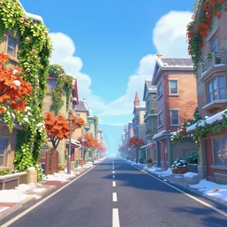 street road and winter fall ivy flower Tekkonkinkreet treasure town in the sky horizon comics illustration  digital art painting by fanart artstation vivid color neon bar