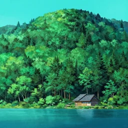 high detail sharp anime gouache background  ,  big forest and house near lake , cyan background atmosphere , panorama painting by kyoto animation