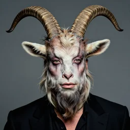 actor Burt Reynolds in Elaborate Pan Satyr Goat Man Makeup and prosthetics designed by Rick Baker, Hyperreal, Head Shots Photographed in the Style of Annie Leibovitz, Studio Lighting