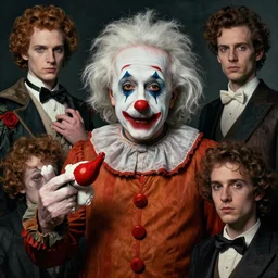 grotesque albert einstein as monster clown, by rutkowski and giuseppe arcimboldo, james jean and erik jones and rhads, ultradetailed, photorealistic details, full frame, trending artstation