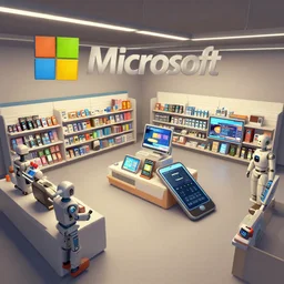 environment art matte painting of a 2 0 5 0 s microsoft retail interior, phones, tablets, robots and mannequins, by ian mcque, greg rutkowski trending on artstation, 4 k