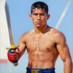 greg manchess painting of a filipino mma fighter with a sword, organic painting, sunny day, matte painting, bold shapes, hard edges, street art, trending on artstation, by huang guangjian, gil elvgren, ruan jia, randy vargas, greg rutkowski