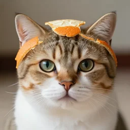 cat with an orange peel on its head, realistic, cute