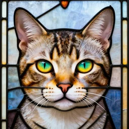 stained glass cat with vibrant eyes photorealistic close up portrait