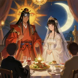 a cinematic portrait of wedding photograph jpeg close up moment of a divine a japan sun god and moon goddess lovers magician at a wedding banquet. portraiture. digital painting. artstation. concept art. wedding photo. digital painting. naruto the movie art masterpiece by art by krenz cushart