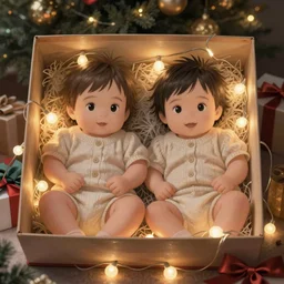 Two twin babies in a gift box, christmas lights, photo realistic, award winning photograph, very detailed, art by Studio Ghibli