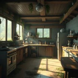a wholesome animation key shot of a post apocalyptic kitchen interior, covered by nature hipster vibes by studio ghibli, animation, sharp, rendered in unreal engine 5, focused, anime key art by greg rutkowski, bloom, dramatic lighting