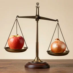 set of balance scales with weights, libra symbol, one apple in one dish and one onion in other dish