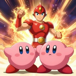 an epic anime of energy man next to kirby, ghibli, unreal 5, octane render, rpg portrait, dynamic lighting, epic, epic anime, 2 d