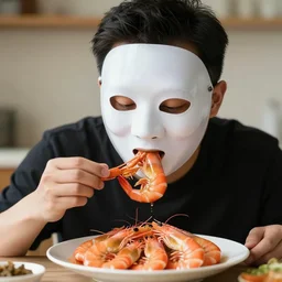 man with a gimp mask eating prawns