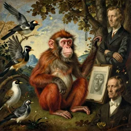 the monkey condition : reflections, musings, hypotheses with the philosopher ourangoutauer. painting by bruegel, audubon, jan van eyck, rene magritte, alfred kubin, remedios varo. h 7 0 4