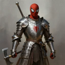 medieval knight spiderman. fantasy art, plate armor. dramatic lighting. warrior. fullplate. axe. digital painting, highly detailed. masterpiece
