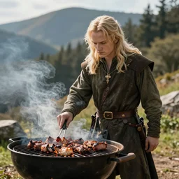 legolas from lord of rings grilling meat in a barbecue outside, sunlight, natural lighting, nature, mountain, barbecue, professional photography, 5 0 mm