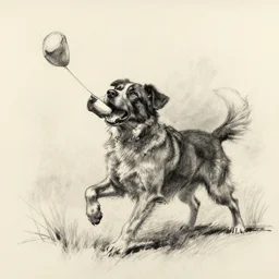 expressive charcoal sketch of a dog playing fetch
