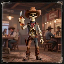 hybrid pixar tintype photograph of a renegade skeleton cowboy outlaw at a busy saloon in the old west, holding a bottle of whiskey, wide angle, volumetric lighting, cinematic, bokeh, octane render