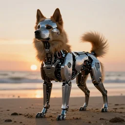 a scary, evil, malevolent robotic canine appearance like a japanese spitz, robotic parts fused with the body and head, on a beach at sunset, this 4 k hd image is trending on artstation, featured on behance, well - rendered, extra crisp, features intricate detail and the style of unreal engine. golden hour
