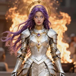 sexy ana de armas beautiful and victorian and holy and divine and elite young medieval female white armor knight portrait +shiny eyes+front face with long flowing hair, lilac hair, ultradetail face, gold filigree, large fires in the background, full body shot, art and illustration by tian zi and craig mullins and WLOP and alphonse mucha, fantasy, sci-fi, intricate complexity, human structure, human anatomy, fantasy character concept, blurry, hyperrealism 8k, warm golden backlit