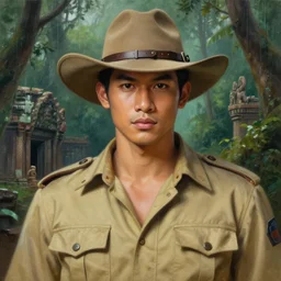 a smart and handsome and beautiful thai male dressed as hunter in armed, close - up portrait, with 6 0 s khaki western hat, khaki safari hunter costume, ancient khmer ruin in the rainforest in background, intricate, elegant, loin cloth, highly detailed, oil painting, artstation, concept art, matte, sharp focus, illustration, hearthstone, art by earl norem and lixin yin
