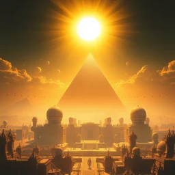 futuristic egyptian city with temples with a giant pyramid and orbs with a bright sun with crepuscular rays highly detailed digital visionary art