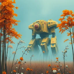 grainy risograph matte painting of gigantic huge evangelion - like yellow mech covered with wounds, blue, exotic orange vegetation, orange trees, orange flowers, tall bamboo grass, pastel matte colors, staying in the foggy huge swamp covered with web and cotton, fireflies, by moebius, kim jung gi, hyperrealism