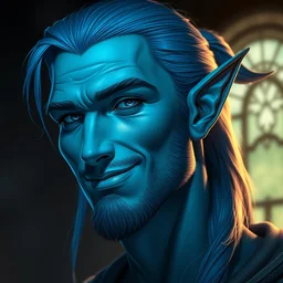 a face portrait of a [ blue ] humanoid male with, elegant, smiling, chiseled jaw, slightly smiling, triton race from d & d, elf ears, beautiful man, long blue hair in a ponytail, short hair on sides, style by donato giancola, wayne reynolds, jeff easley, dramatic light, high detail, cinematic lighting, artstation