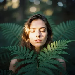 An analog head and shoulder frontal face portrait photography of a woman behind multiple big fern leaves by Oleg Oprisco. Long hair. eyes closed. Kodak Portra 800 film. Depth of field. whirl bokeh. Sunshine. Golden hour. detailed. hq. realistic. warm light. muted colors. Moody. Filmic. Dreamy. lens flare. Leica M9, f/1.2, symmetrical balance, in-frame