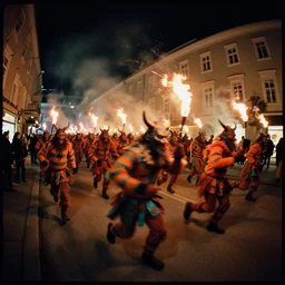 kodak portra 4 0 0, award winning dynamic fisheye photograph of hundreds of running hazardous krampus by robert capas, in muted colours, striped orange and teal, motion blur, on a street in salzburg at night with colourful pyro fire and torches