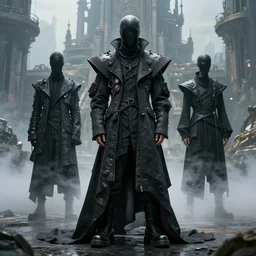 avant garde techwear look and clothes, we can see them from feet to head, highly detailed and intricate, hypermaximalist, dystopian futuristic castle background, eerie fog, luxury, Rick Owens, Errolson Hugh, Yohji Yamamoto, cinematic outfit photo