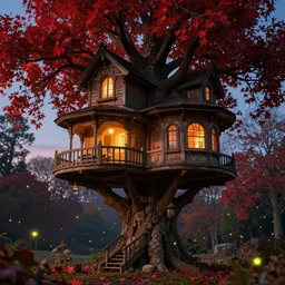 a stunnng victorian big tree house at dusk, ultra detailed, warm interior light, red leaves tree, octane render, high definition, fine details, fairy mood, fireflies, 8 k