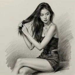 charcoal drawing of a beautiful young supple asian woman sitting and brushing her long hair. wearing trendy fashion,, modern aesthetic