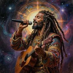 a high hyper detailed ultrarealistic painting with many complex textures of man with long dreadlocks making music in the cosmos, cosmic surreal psychedelic magic realism spiritual art