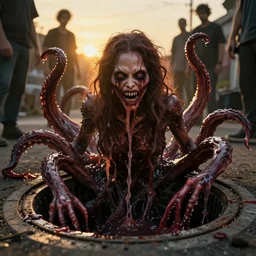 a sewer drain woman transformed into an indescribable horror with tentacles, seducing eyes, fangs and slime, volumetric lighting, beautiful, golden hour, sharp focus, ultra detailed, cgsociety by leesha hannigan, ross tran, thierry doizon, kai carpenter, ignacio fernandez rios, noir photorealism, film
