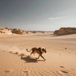 pouncing beast running across the open desert, empty desert, sand, karst landscape, wide shot, concept art by greg rutkowski and seb mckinnon