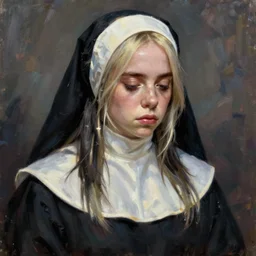 Billie Eilish as a sad nun, painted by Conrad Roset, detailed brushstrokes