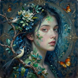 breathtaking Female Portrait by Miho Hirano, realistic, detailed, blue, green tonalities, beautiful collage technique including flora, branches, birds, butterflies, ornate background, beautiful Fantasy detailed trending on artstation, oil painting, Dramatic lighting, eterea , high quality print, fine art with subtle redshift rendering