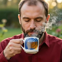mr robert is drinking fresh tea, smoke pot and meditate in a garden from spiral mug, detailed smiled face, short beard, golden hour closeup photo, red elegant shirt