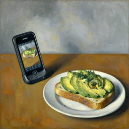 still life with mobile phone and avocado toast, by paul cezanne, masterpiece