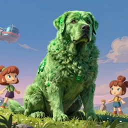 hyperrealist, graphic novel illustration of a massive muscular green labrador retriever and shaggy green fur with green dye sitting on a grassy hill, pulp 7 0's sci - fi vibes, 9 0's hannah barbara fantasy animation, cinematic, movie still, studio ghibli masterpiece