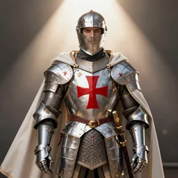 man in decorated crusader armor and white cape with big red cross on it digital art realistic high detail