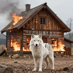 a white wolf in front of a large burning timber house, artstation, jakub rozalski, high detail, dramatic lighting, night, fog