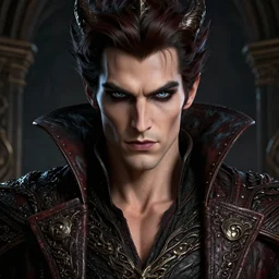 portrait of the evil wizard King a stunning timeless handsome, breathtaking eyes, perfect skin, feathered eyelashes, royal gothic coat with a lot of leather, incredibly intricate, digital art, blender, houdini & photoshop, very elegant & complex, hyper-maximalist, overdetailed, epic cinematic quality, DSLR HDR 8k, facial feature symmetry. Male character. Lean and muscular. Trending on Artstation. By Bastien Lecouffe-Deharme. Monica Merlo