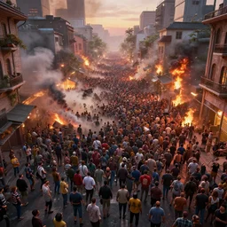 a beautiful hyperrealistic detailed 3D render of a riot with crowds filling the streets, by Anton Otto Fischer, Atey Ghailan, genzoman, unreal engine, octane render, gigantic, 3D, brilliantly coloured, intricate, ultra wide angle, trending on artstation, embers, smoke, dust, dusk, volumetric lighting, HDR, polished, micro details, ray tracing, 8k
