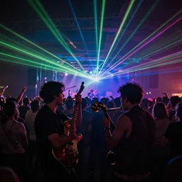 two friends jamming at a concert in a crowd and lasers, surrealism