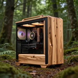 a gaming PC made of wood in the middle of a forest, photo realistic, high definition, trending on artstation, 8k
