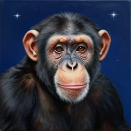 portrait of chimpanzee in space, stars in the background, dark blue background, oil on canvas