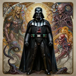 side shot of platonic ideal of darth vader, malignant dieselpunk and god complex dementor wild hunt chtulu nazgul mandelbulb davinci, ralph mcquarrie, fantasy, ego death, detailed, darth vader, intricate, volumetric lighting, hyperrealism, intense, scary, decay, artgerm, greg rutkowski, alphonse mucha