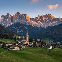 an italian town in the dolomites mountains, sunset