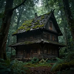 the wooden house of a ancient witch in an ancient old forrest, eeire mood, lush vegetation, Dynamic lighting, cinematic, establishing shot, extremely high detail, photo realistic, cinematic lighting, , post processed denoised, concept design, concept art, artstation, matte painting, midjourney, style by alex ross, raphael lacoste, eddie mendoza