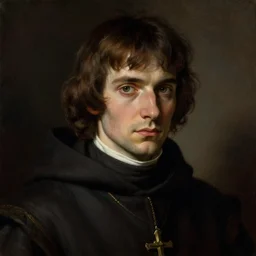 a young wounded 1 6 th century priest, close up, portrait, sinister atmospheric lighting. highly detailed painting by greg rutkowski, anime style
